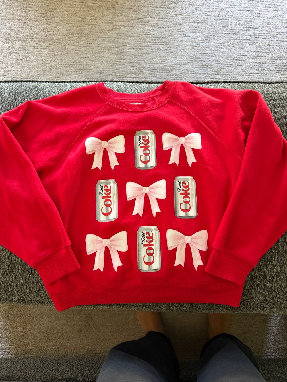Red women’s crewneck sweatshirt with Diet Coke Can & Bow Graphic